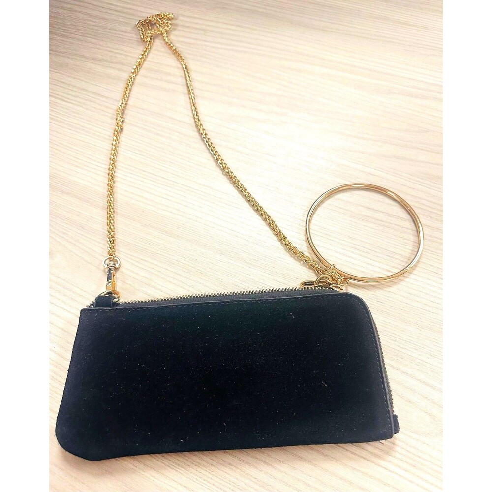 Zara TRF Blk Leather Velvet Clutch Crossbody Gold Chain & Hoop Accent Purse